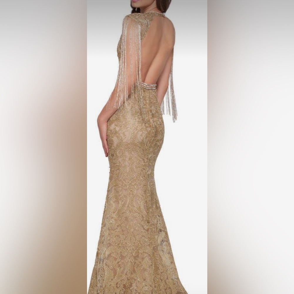 Mac Duggal Golden grown dress beaded fringe size 8